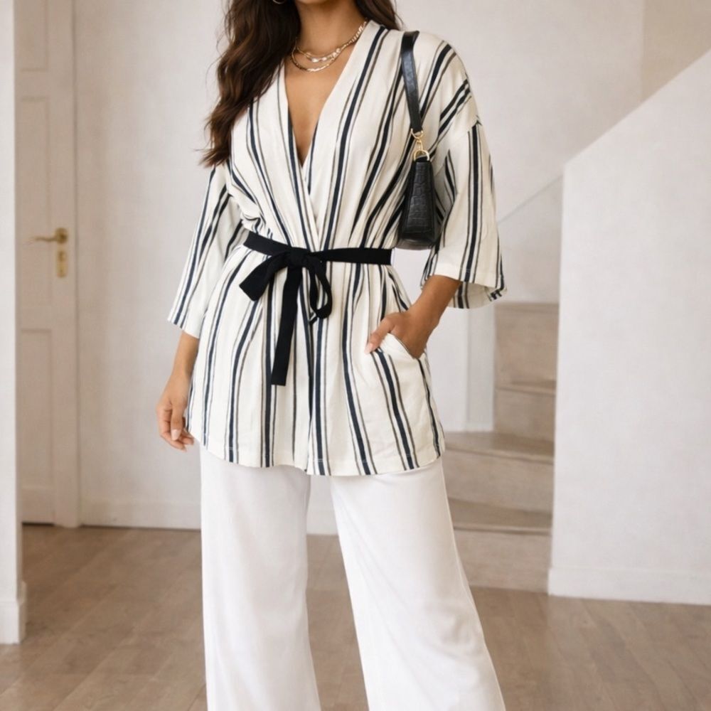 H&M 3/4 Sleeve Striped Kimono Robe Jacket with Black Waist Tie